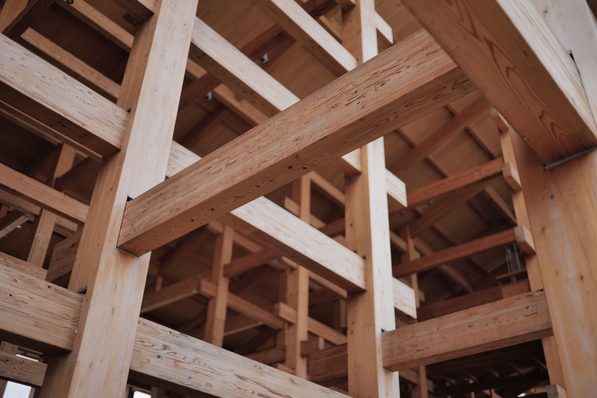 Wooden architectural structure with intricate beams.